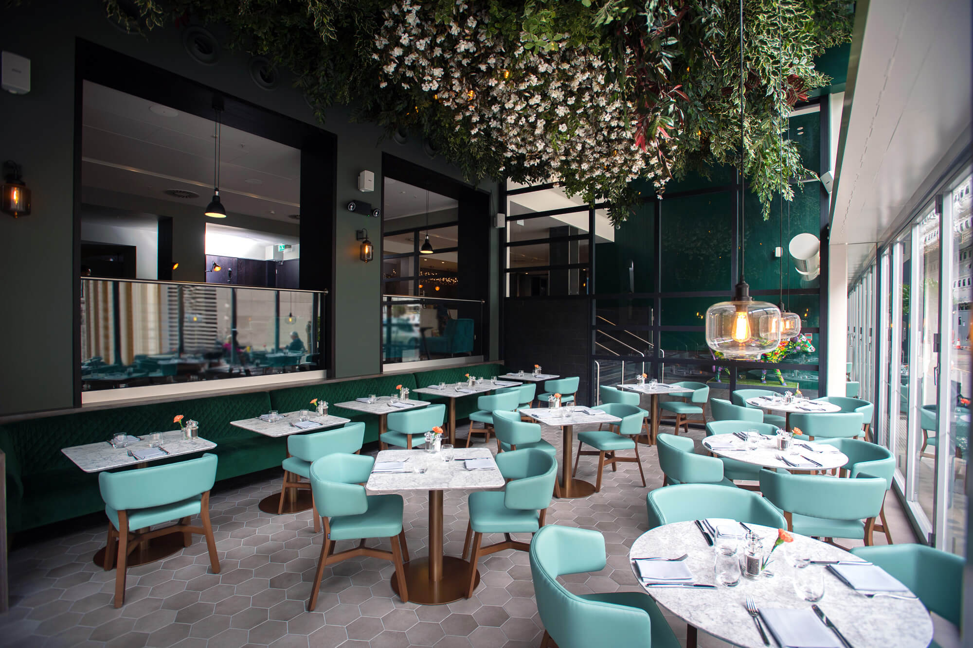 The Lampery, Seething Lane restaurant with table and chairs set for dining